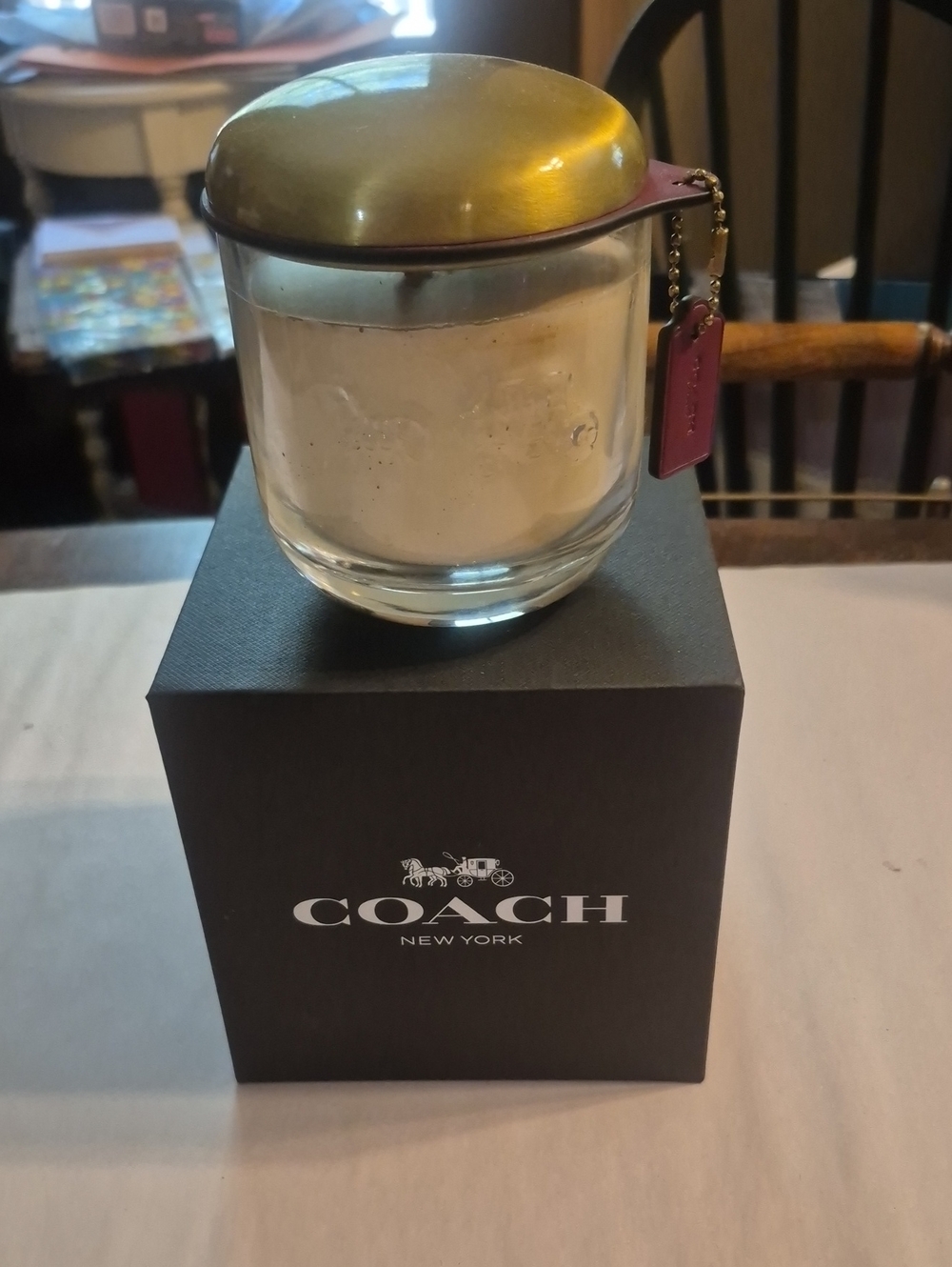 COACH Gold Lid Candle Jar with Pink Leather Tag
